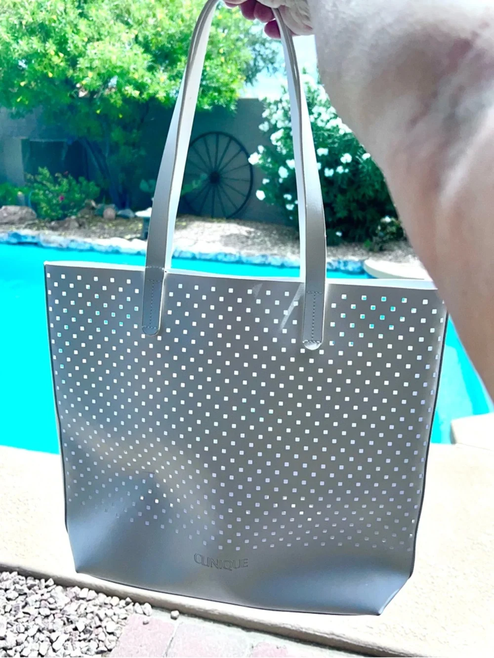 CLINIQUE White Perforated Tote Bag Great Beach or Pool Tote